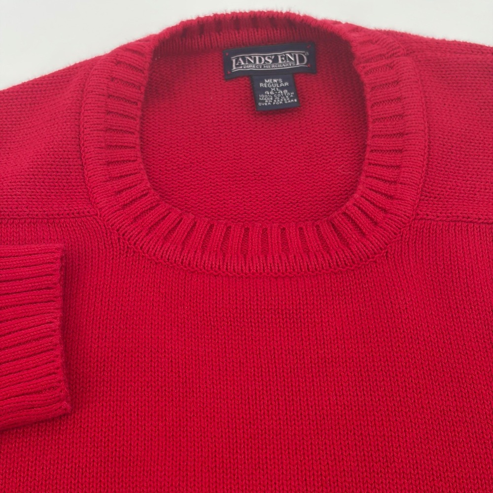 Lands End Mens XL Red Crew Neck 100% Cotton Knit Pullover Sweater Made in USA